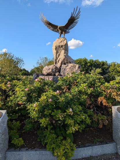A bronze statue of an eagle that's part of a veterans memorial in the park. The central monument is surrounded by lots of plants.