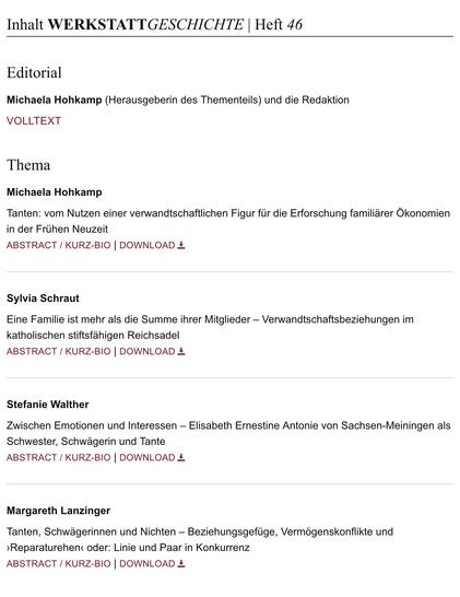 Auszug aus dem Inhaltsverzeichnis von WERKSTATTGESCHICHTE 46/2007 "tanten": Editorial von Michaela Hohkamp (Herausgeberin des Thementeils) und der Redaktion; Thementeilbeiträge: Michaela Hohkamp, Tanten: vom Nutzen einer verwandtschaftlichen Figur für die Erforschung familiärer Ökonomien in der Frühen Neuzeit; Sylvia Schraut,  Eine Familie ist mehr als die Summe ihrer Mitglieder — Verwandtschaftsbeziehungen im katholischen stiftsfähigen Reichsadel; Stefanie Walther, Zwischen Emotionen und Interessen — Elisabeth Ernestine Antonie von Sachsen-Meiningen als Schwester, Schwägerin und Tante; Margareth Lanzinger, Tanten, Schwägerinnen und Nichten — Beziehungsgefüge, Vermögenskonflikte und »Reparaturehen< oder: Linie und Paar in Konkurrenz
