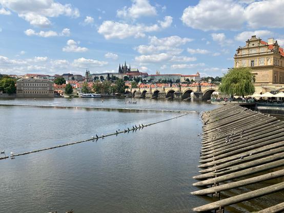 View of the medieval bridge over the river Moldau