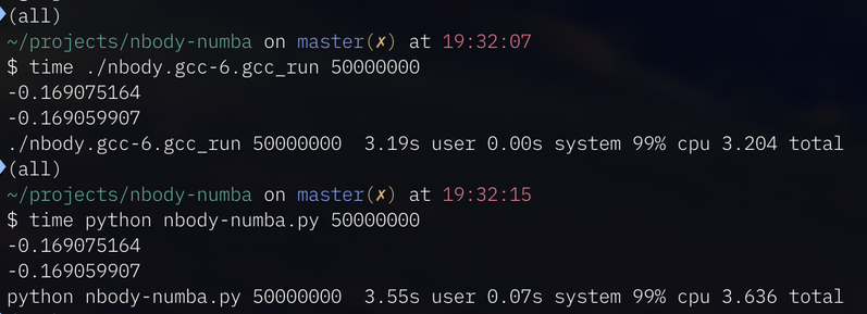 timing results of running an n-body simulation written in C (taking 3.204 seconds) and one written in Python using the numba just-in-time compiler (3.636 seconds).