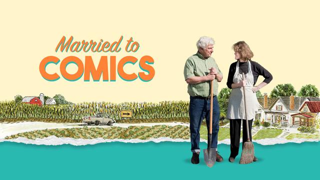 Film poster for 'Married to Comics' showing a man and a woman looking at eachother and holding gardening implements.