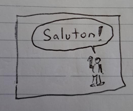 Rough sketch of a small cartoon figure saying the word "Saluton!" which is Hello in Esperanto.