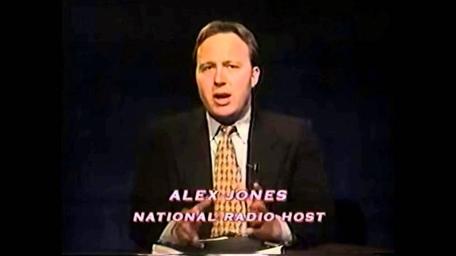 A young Alex Jones. In a suit. With the caption "National Radio Host".