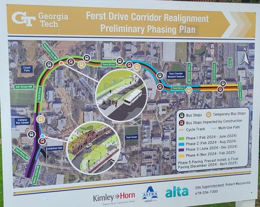 Map of construction on the Georgia Tech campus, titled "Ferst Drive Corridor Realignment Preliminary Phasing Plan", with bubble renderings of certain locations.