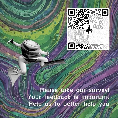 XenBase frog on a green and purple swirled background resembling watered silk. Text in white reads "Please take our survey! Your feedback is important. Help us to better help you". The image includes a QR code to the Xenbase user survey.