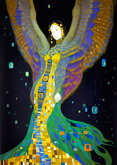 a Klimt-inspired portrait of a feather-winged humanoid individual in a form-fitting dress against a (mostly) black background