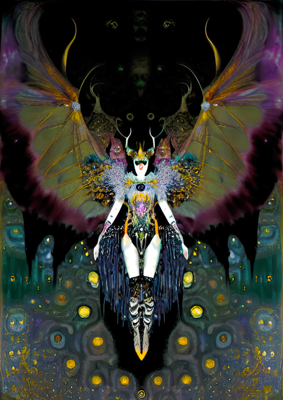 a Klimt-inspired largely symmetrical portrait of a leathery-winged humanoid, possibly horned, against a background that is dark above and trippy and softly rectilinear below, suggesting perhaps an urban landscape