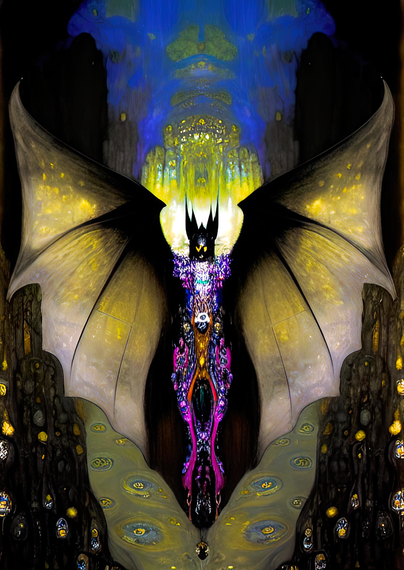 a Klimt-inspired mostly symmetrical portrait of a leathery-winged humanoid individual in flight with a background of a shining city seen in a valley between two mountainous walls