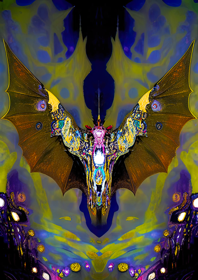 a semi-Klimt-inspired symmetrical portrait of a leathery-winged humanoidish individual in a dazzling costume in flight over a trippy landscape