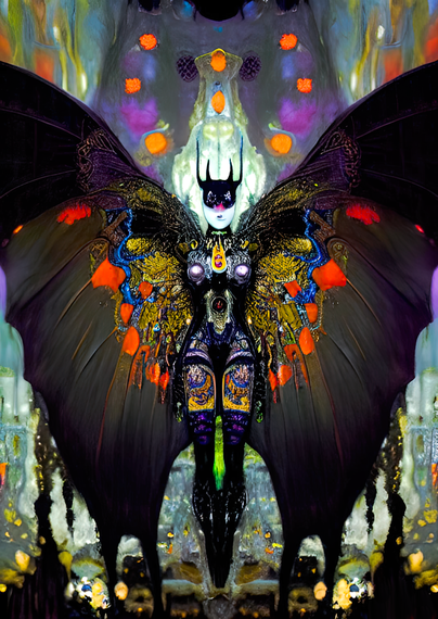 a somewhat psychedelic symmetrical Klimt-inspired portrait of a lepidopteran humanoid individual with spread wings seen against a trippy sky over an urban landscape far below