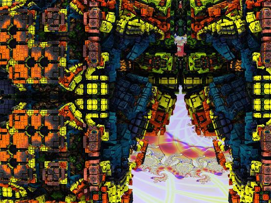 Mandelbulb cubes in yellow, orange and blue over faded fractal sky