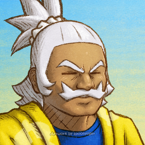 Digitally handmade profile artwork of Kahuna Hala facing forward towards the right side of the image at a 3/4 angle with a stoic facial expression, on a blue-to-yellow gradient background.
