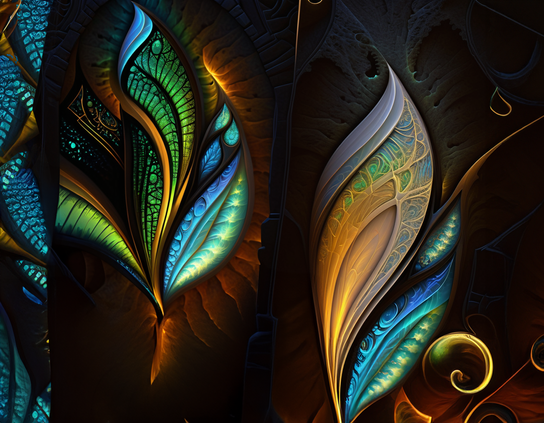 Abstract intricately patterned flower-inspired glass, with vibrant colors of blue, green, yellow, and orange, glowing against a dark background,.
