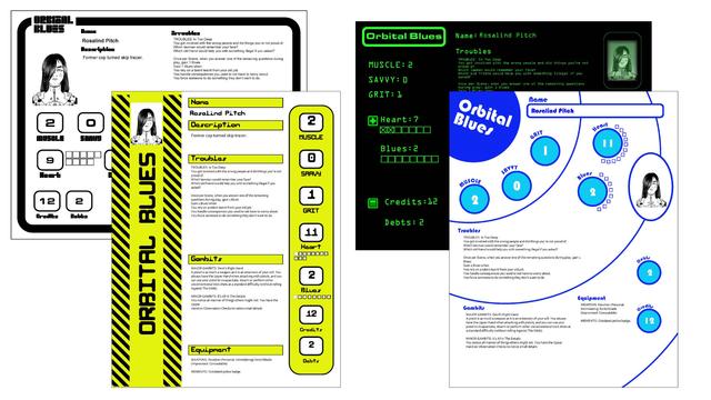 4 separate custom character sheets for the Orbital Blues RPG.