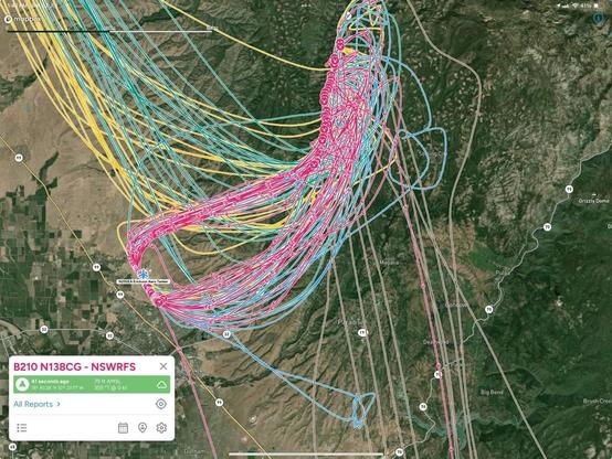 Tracks of aircraft working the park fire.   The RFS large Aerial Tanker is the red Tracks