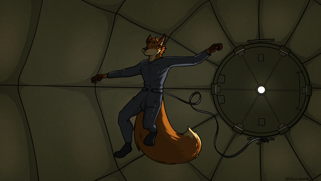 Digital art of a furry calmly floating inside an inflatable habitat module with eyes closed.