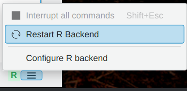 RKWard menu showing the "restart R backend" option