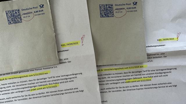 Two letters from Deutsche Post with envelopes, highlighting dates and insurance details.