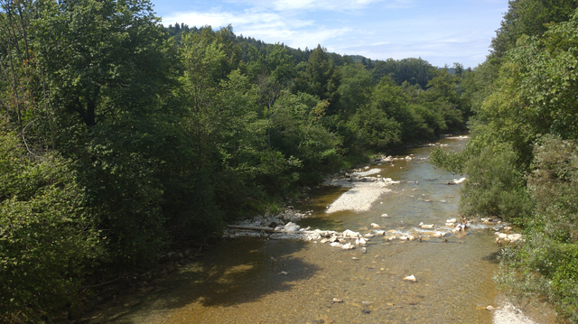 Blick von einer Brücke auf den Fluss Töss, der recht niedriges Wasser zu führen scheint. Oben blauer Himmel mit ein paar weissen Wolken.