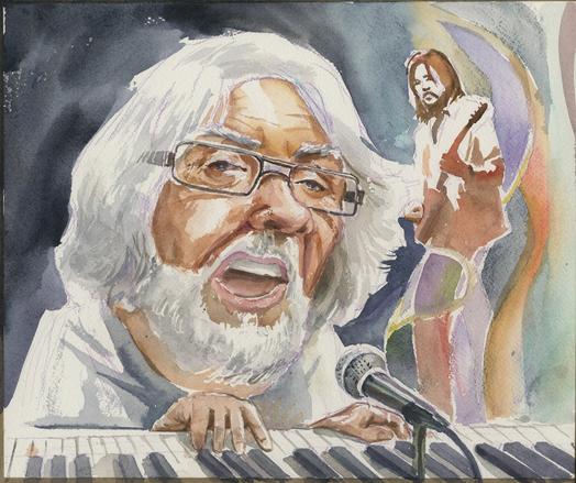 Watercolor sketch of very old man at keyboard and microphone with younger man on side who is playing guitar. Old and young men both have long hair and beards. Older man's hair is pure white.