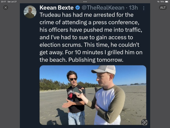 Trudeau being stalked and harassed by #RebelEntertainment piece of scum #KeeanBexte while spending the day with his son. Where is their protection? #RCMP