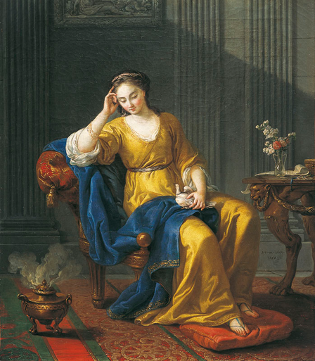 An allegorical female figure sits looking downward with a pensive expression. she uses one hand to support her head and the other to hold a dove on her lap.
She is dressed in a classical style, and a the decor and furnishings of the room are inspired by  antique Rome. She rests her sandalled feet on a cushion and sits between  a  brazier and a table.