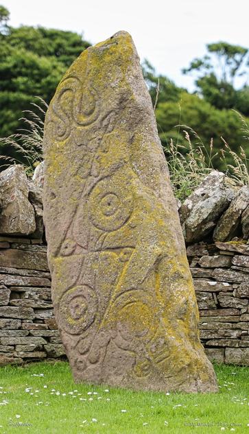A photo of one of the roadside stones with elaborate and very beautiful abstract carvings. There are swirls and circles, and what might be a serpent. The stone is irregular in shape, brownish-grey and is covered in yellowish lichens.