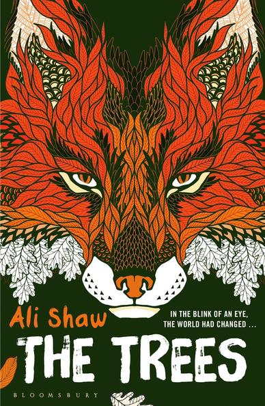 The front cover of Ali Shaw's "The Trees", depicting an artistically rendered red fox staring right at us.