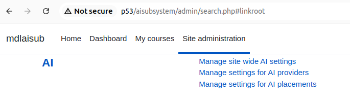 Screen shot of admin interface from very early code for the Moodle 4.5 AI Subsystem