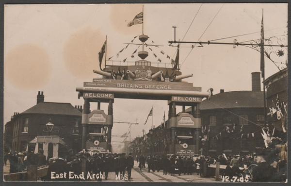 Sepia real photographic postcard showing a view of Firth's, or the East End Arch, built in Brightside in Sheffield to mark the royal visit of King Edward VII and Queen Alexandra on 12 July 1905.
Published by M&S, not numbered, 1905.
Postally unused.
Fairly good condition, with very slight corner bumps and light album marks, but some grease marks and light bends.