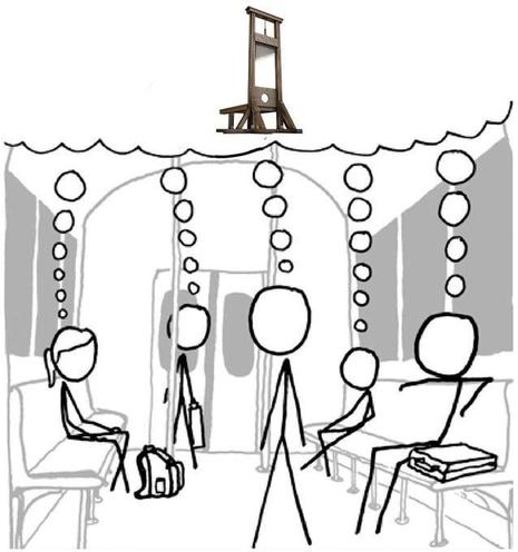Black and white cartoon of people sitting on the subway dreaming of the guillotine. Unknown artist.