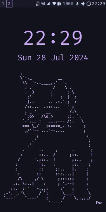 Screenshot of my phone screen. Background is an ascii art cat, colour theme is a dark theme with lavender accents.
