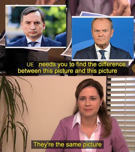 Mem "they are the same picture". Obrazki do odróżnienia to zdjęcia Ziobry i Tuska, podpis: "UE needs you to find the difference berween this picture and this picture", puenta to oczywiście "they're the same picture"