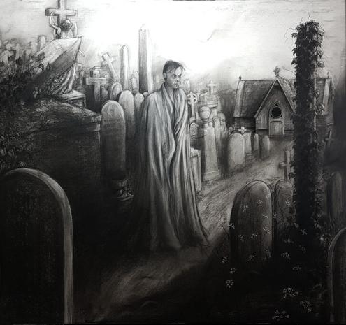 A drawing of a male-presenting figure clad in a robe standing on a path in a graveyard.