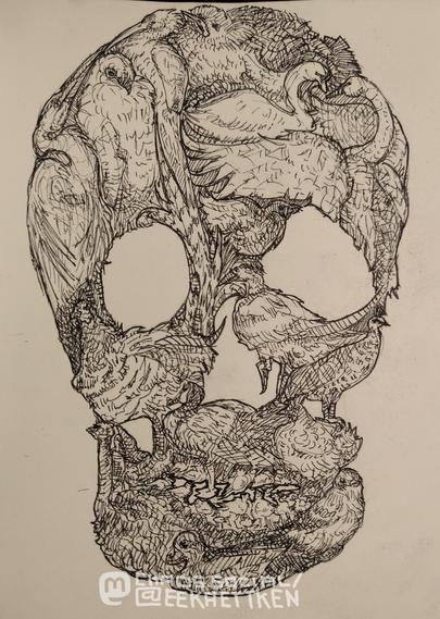 Black ink on paper.

Many sketches of birds drawn very close together to form a skull.