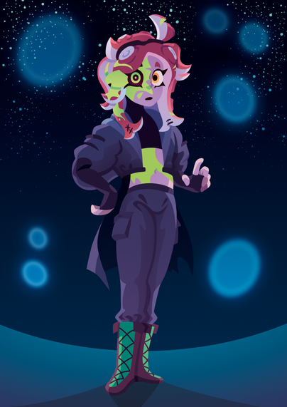 Digital illustration, a splatoon octoling with a sanitization scar.