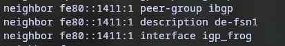 BGP configuration for the neighbor "fe80::1411:1" being in the peer-group ibgp and going over the interface igp_frog