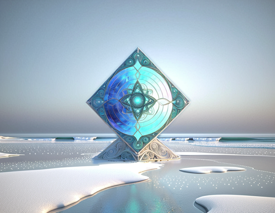 Diamond shaped geometric futuristic technological guardian structure, with a glowing circular center embossed with symmetrical designs, on a solid carved base. It is reflected in the icy water of a snowy beach, with a background of subdued surf under a grey winter sky.