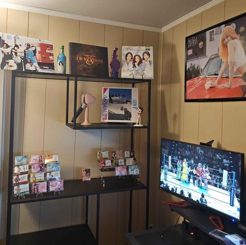 Bookshelf featuring Gen 1 K-Pop photo albums, autographed joshi wrestling cards, and various other items.