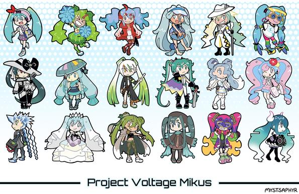 A series of 18 chibis depicting the various Pokémon-type inspired Hatsune Miku designs from Project Voltage.