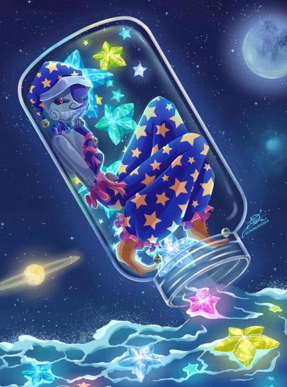 Fanart of animatronic Moon from Security Breach inside of a starwish bottle