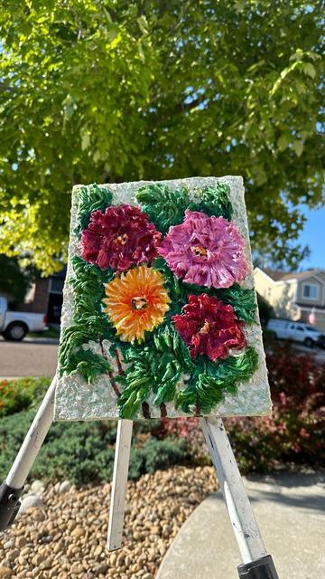 ‘Reds whisper to greens, Yellow dances in between, Beauty is serene.'
Discover Impasto flower painting. This stunning textured canvas art, featuring a vibrant floral arrangement of colorful bouquet painting. This textured canvas art brings nature’s beauty indoors.
 Materials used:

Cold Wax, oils on MDF