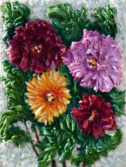 ‘Reds whisper to greens, Yellow dances in between, Beauty is serene.'
Discover Impasto flower painting. This stunning textured canvas art, featuring a vibrant floral arrangement of colorful bouquet painting. This textured canvas art brings nature’s beauty indoors.
 Materials used:

Cold Wax, oils on MDF