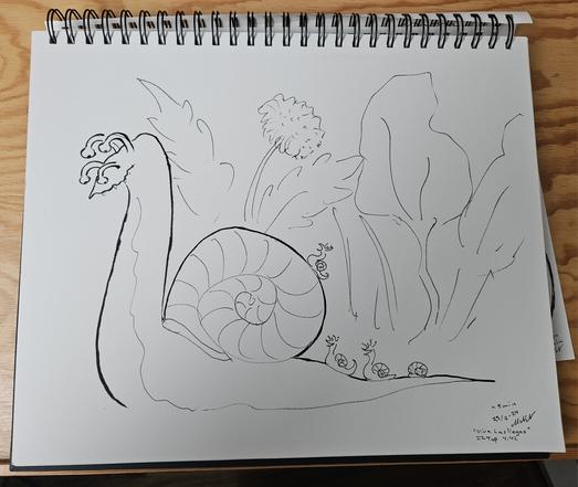 Black and white drawing of a mellow snail carrying their kids on their back.