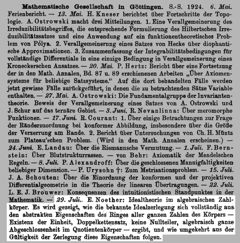 Auszug aus dem "Jahresbericht der Deutschen Mathematiker-Vereinigung", Ausgabe 1925 mit obigen Text hervorgehoben