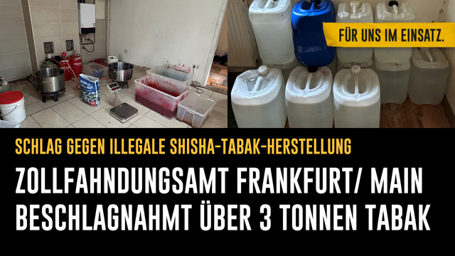 Bild: Fotocollage aus der illegalen Herstellungsanlage

Text: Schlag gegen illegale Shisha-Tabak-Herstellung - Zollfahndungsamt Frankfurt/ Main beschlagnahmt über 3 Tonnen Tabak