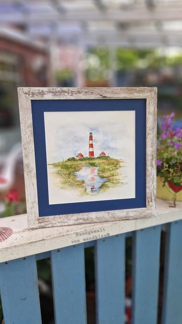 Gerahmtes Aquarell Darstellung des Leuchtturms Westerhever