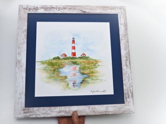 Gerahmtes Aquarell Darstellung des Leuchtturms Westerhever