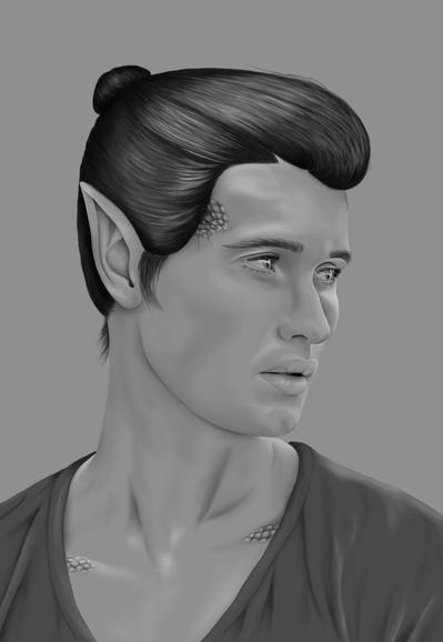 Tano. A portrait of a male Nair Serpensia from the World of A'arde collections. He has black hair pulled into a small bun, pointed ears and snake scales visible about his temples and collarbone. His pupils are slitted, and he is looking off to the right of the image. The portrait is painted in my signature High-Low style using black and white on a neutral grey background.