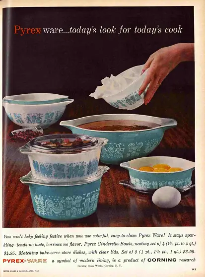 Blue and white dishes have food in them. The advertisement talks about their versatility.